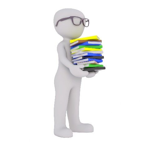 Omino con libri in mano